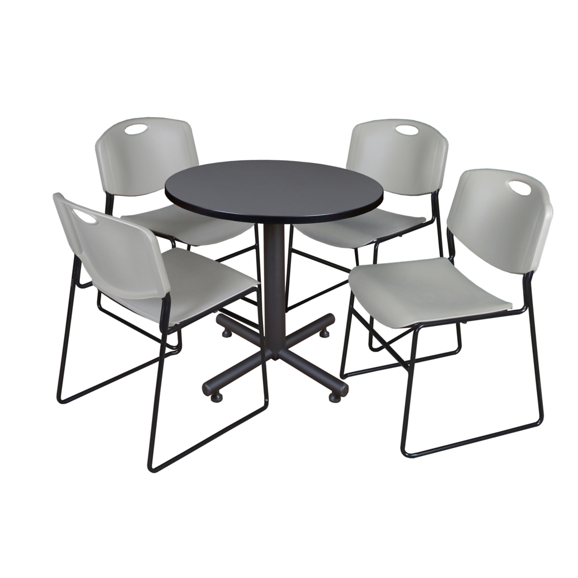Regency Kobe Round Breakroom Table with X-Base and 4 Zeng Stack Chairs — 30in. Diameter, Grey, Model# TKB30RNDGY44GY
